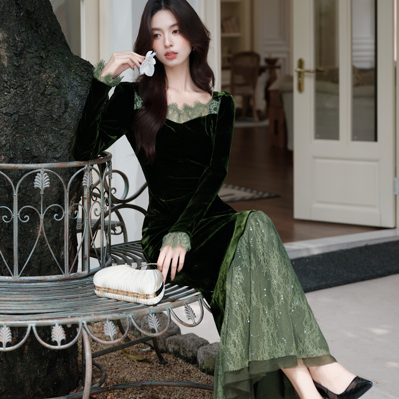 秋冬法式长裙名媛复古丝绒连衣裙