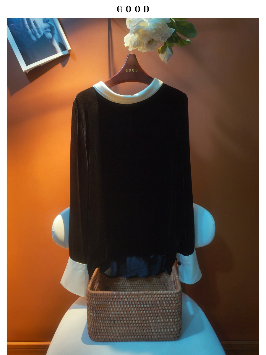 轻奢极简风 黑白撞色领 真丝丝绒上衣女 宽松慵懒长款遮胯臀衬衫A