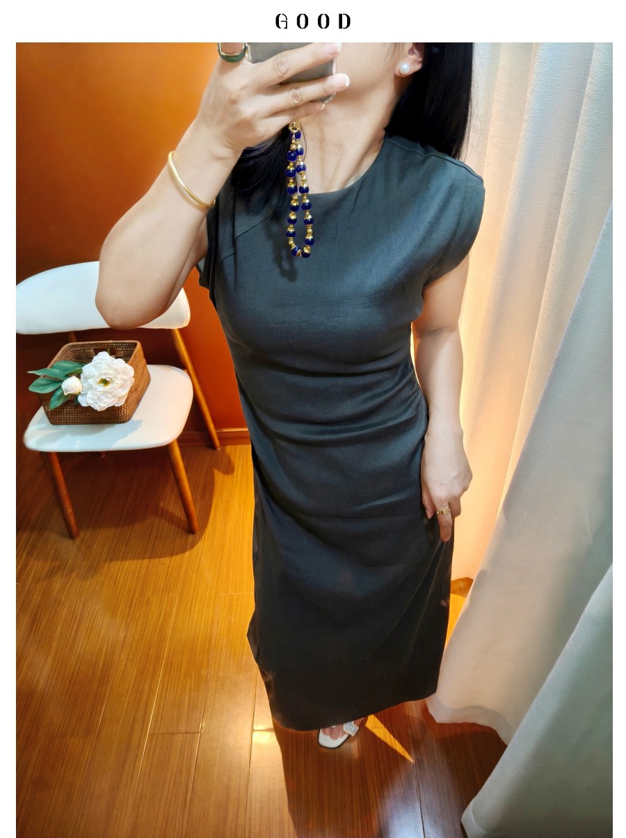 极简斜裁腰腹褶皱显瘦连衣裙 微弹力亚麻后开叉修身显高中长裙子A