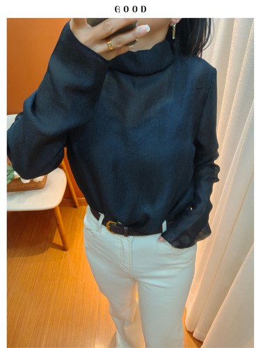 可外穿洋气透视高领衬衫女 中长款遮臀肚宽松 两侧开叉打底薄上衣