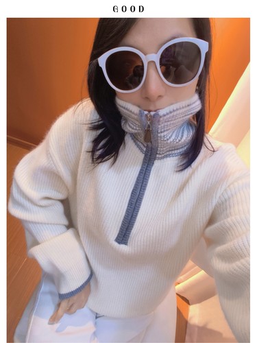 慵懒风半拉链可立领翻领毛衣女 秋冬羊毛宽松落肩袖气质针织上衣