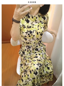 真丝绿色印花显白连衣裙 优雅气质圆领短袖收腰显瘦长裙度假/通勤
