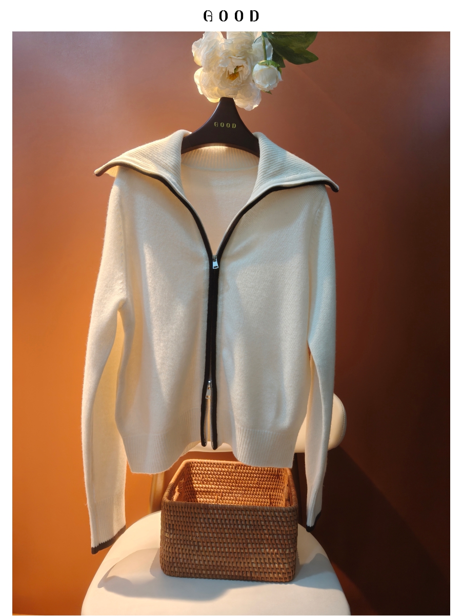 极简双头拉链羊毛开衫外套 大翻领可变高领 柔软百搭宽松短款上衣