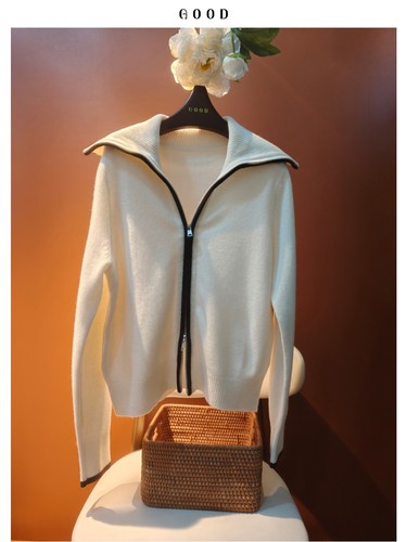 极简双头拉链羊毛开衫外套 大翻领可变高领 柔软百搭宽松短款上衣