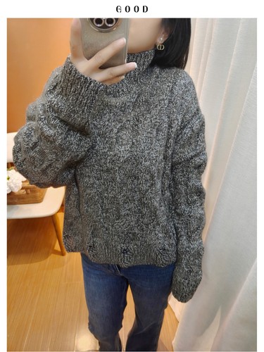 慵懒风羊毛羊绒短款毛衣 花纱麻花半高领针织衫 内搭外穿宽松上衣