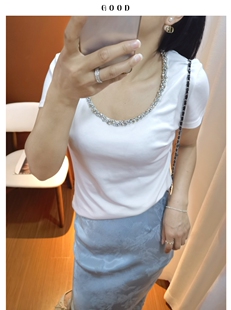 轻奢重工钉钻短袖 95精梳棉大U领露锁骨显瘦百搭质感女士上衣 t恤