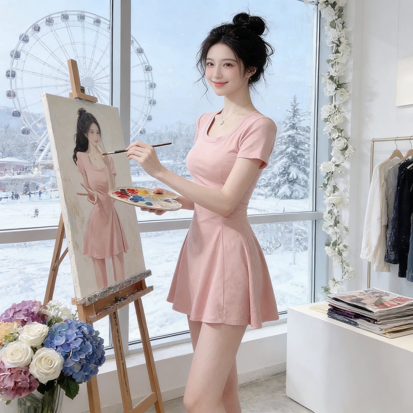 小妈纯欲风显白U领连衣裙夏天微胖遮肚子小个子显高显瘦A字短裙夏图片