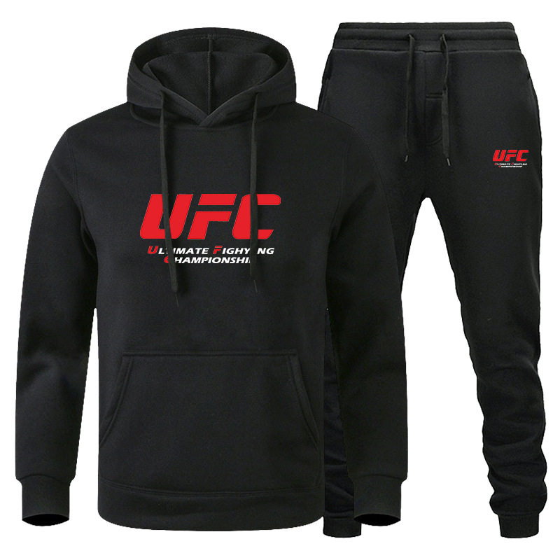 跨境亚马逊男式卫衣套装秋冬抓绒连帽衫红色UFC外贸休闲运动套装