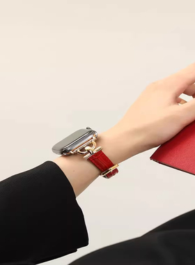 iwatch表带高级感红色小牛皮真皮适用苹果手表applewatch小众百搭