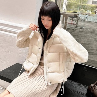 2025秋冬新款韩版90白鸭绒针织拼接短款立领排骨羽绒服女显瘦外套