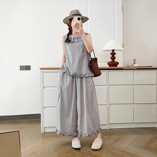 日系双层花边领棉麻无袖上衣女夏季新款裤脚拼木耳边阔腿裤子套装