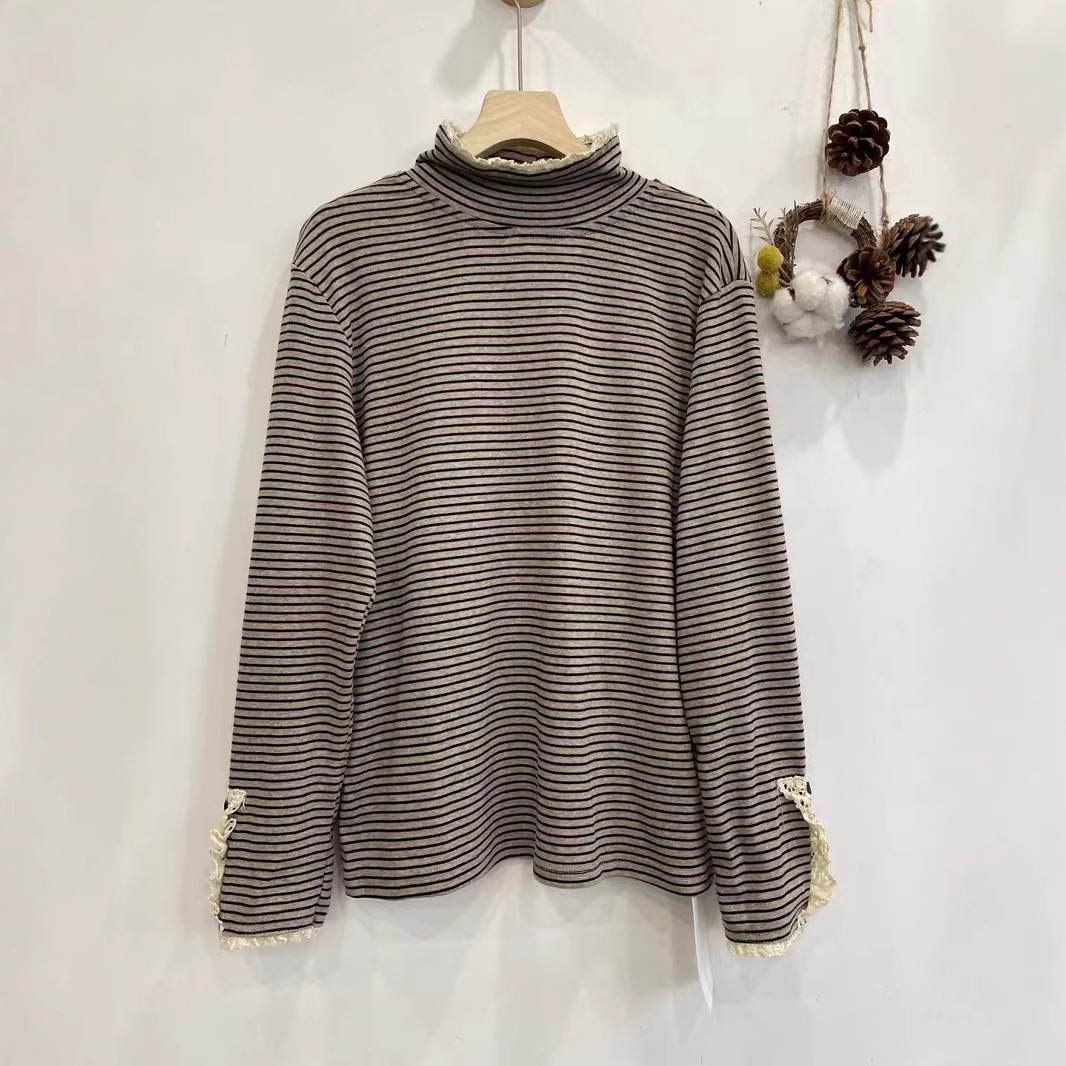 文艺森系拼花边半高领横条纹打底衫女秋冬新款减龄百搭长袖棉T恤