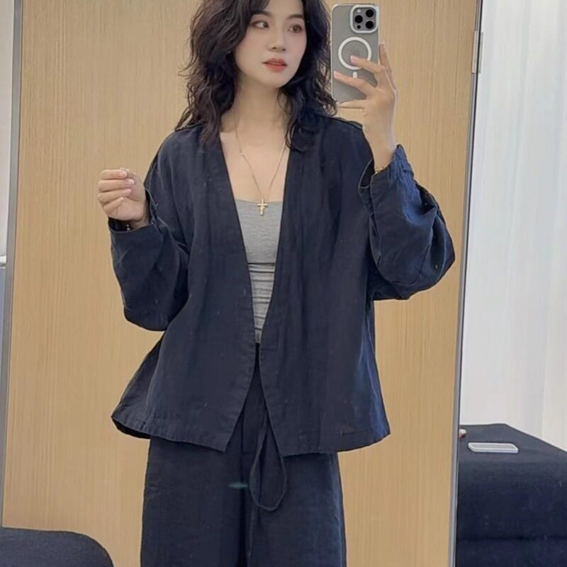 复古文艺汉麻外套女秋季新款宽松休闲简约百搭V领长袖开衫上衣女