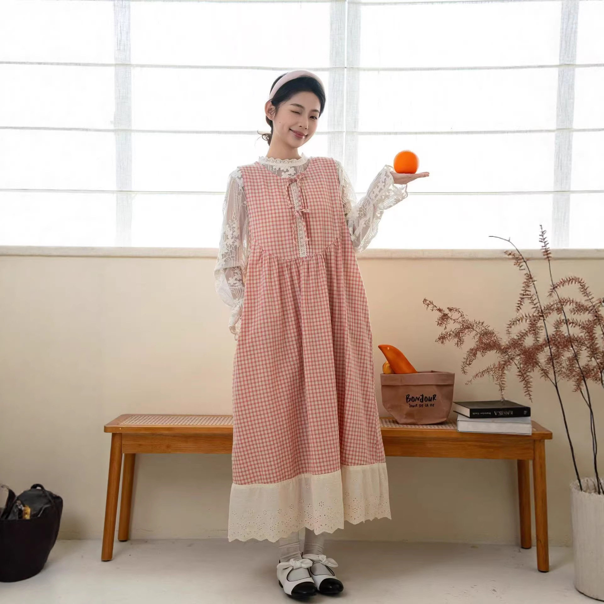 日系森系格子背心裙春季新款宽松百搭减龄叠穿后系带撞色拼接裙子