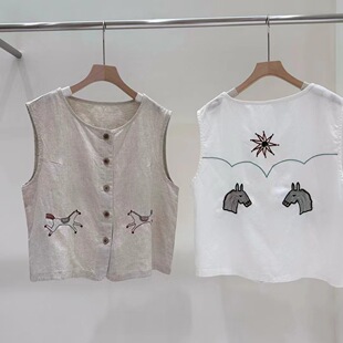 复古文艺刺绣小马汉麻马甲女夏季新款日系宽松百搭减龄叠穿背心女