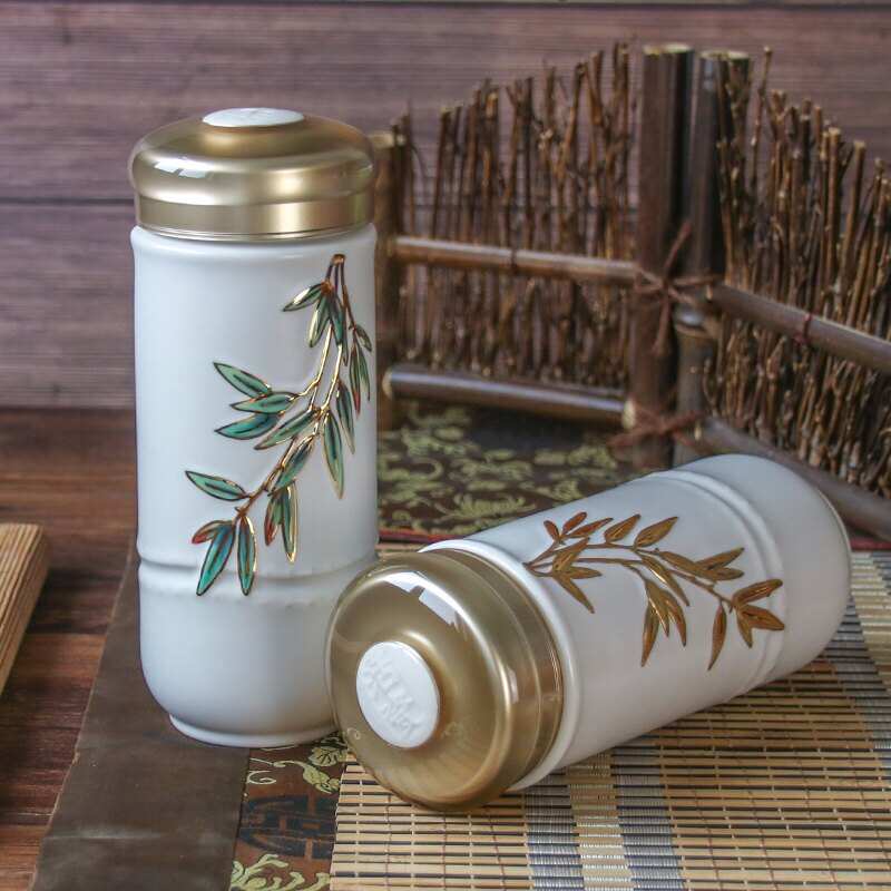 乾唐轩活瓷杯富贵金竹随身杯双层带盖创意陶瓷水杯子男送礼正品