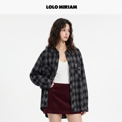 LOLOMIRIAM秋季复古格纹衬衫