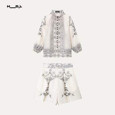 胡可的买手店 HDL CONFIADO波西米亚风度假风印花灯笼袖衬衫短裤