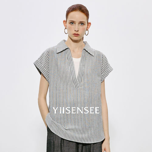 胡可的买手店 YIISENSEE逸识 老钱通勤小v领上衣条纹短袖t恤女夏