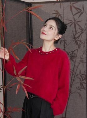 胡可的买手店×HDL 马年新春独家限定红色串珠毛衣100%山羊绒