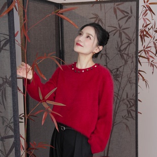 胡可的买手店×HDL 马年新春独家限定红色串珠毛衣100%山羊绒