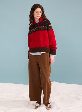 胡可的买手店 SUUYUUWANG原创设计复古翻领红色费尔岛提花套衫