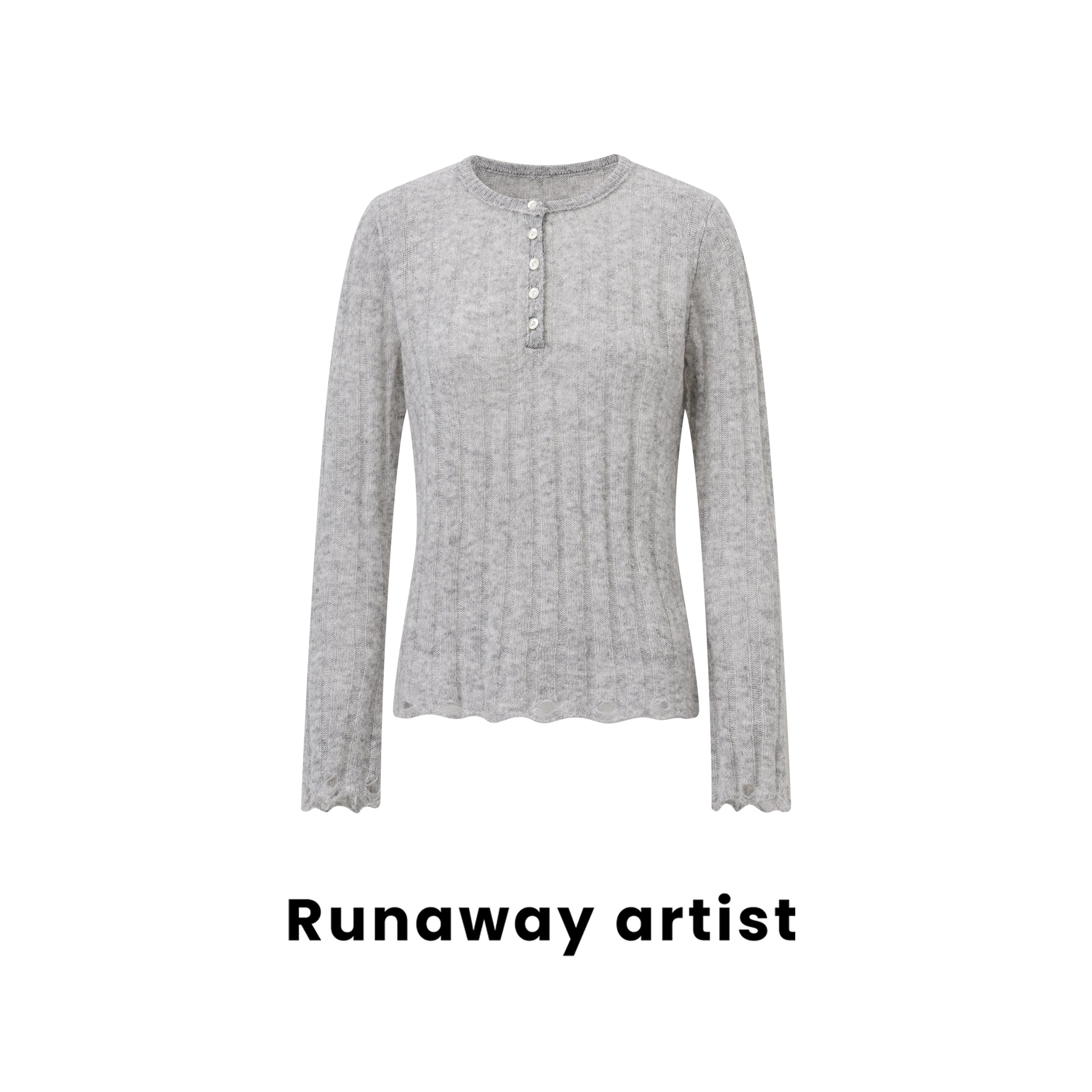 胡可的买手店 Runaway artist山羊绒桑蚕丝混纺破洞灰色打底毛衫