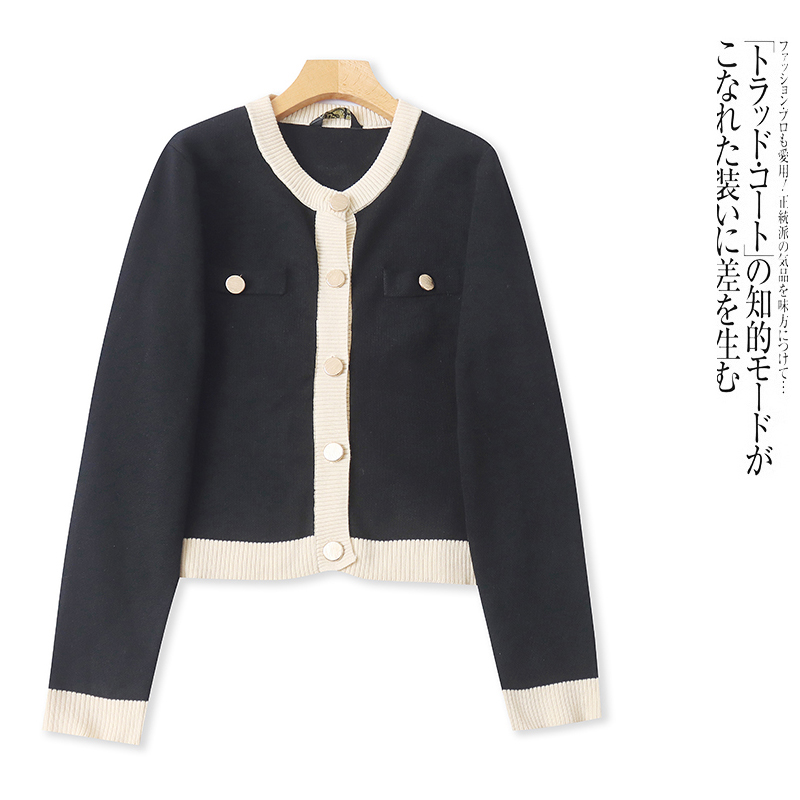 F4875外贸欧美女士小香风针织衫新款半圆领纽扣拼色时尚气质毛衣