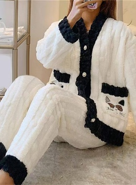 G4586时尚女珊瑚绒加厚睡衣套装冬季法兰绒V领拼色上衣松紧腰睡裤