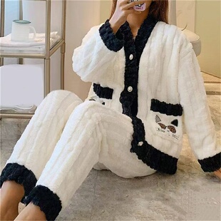 G4586时尚女珊瑚绒加厚睡衣套装冬季法兰绒V领拼色上衣松紧腰睡裤