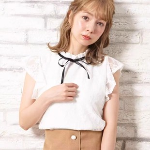 网纱花边圆领修身 外贸日单女生甜美蕾丝衫 飞飞袖 夏季 显瘦上衣 新款