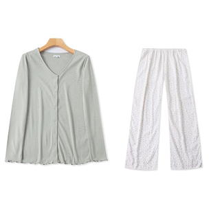 N7586外贸欧美女装长袖家居服套装V领上衣松紧腰碎花宽松长裤