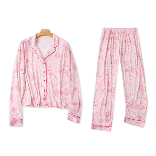 外贸欧美单女士家居服套装新款印花翻领长袖睡衣松紧腰睡裤