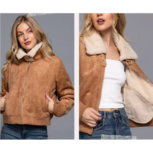 外贸欧美女装短款加厚外套秋季新款翻领拉链羊羔绒内里鸡皮绒上衣