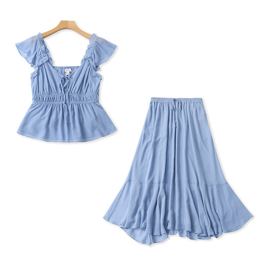 C1206外贸欧美单女生飞飞袖吊带雪纺衫新款松紧腰高腰超仙半身裙