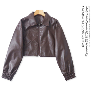 翻领拉链宽松落肩袖 新款 复古外套 皮衣春季 B6163外贸日单女士短款