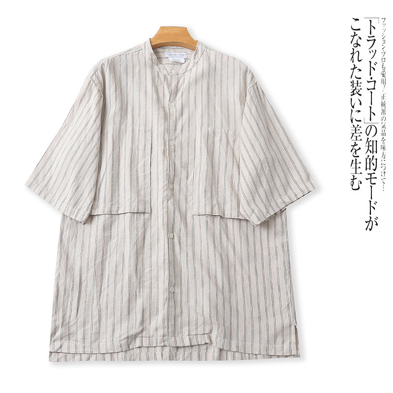 AA2548外贸欧美男士休闲棉麻短袖衬衫夏季新款立领单排扣条纹衬衣