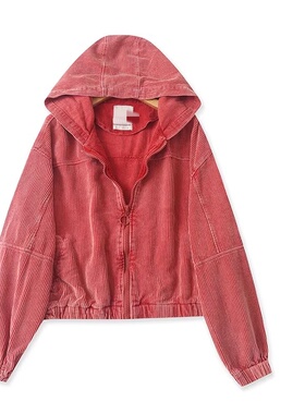 D5233外贸欧美单女士灯芯绒外套春季新款连帽拉链宽松慵懒风上衣