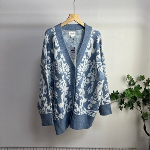 W3001外贸欧美单女士毛衣开衫秋季新款V领宽松慵懒风中长款针织衫
