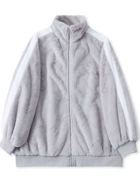 JJ4508外贸日单女装毛绒外套冬款立领拼色宽松大码慵懒风加厚上衣