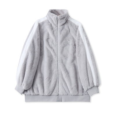 JJ4508外贸日单女装毛绒外套冬款立领拼色宽松大码慵懒风加厚上衣