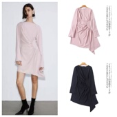 连衣裙新款 外贸欧美单时尚 女士长袖 圆领收腰气质通勤风洋气中长裙