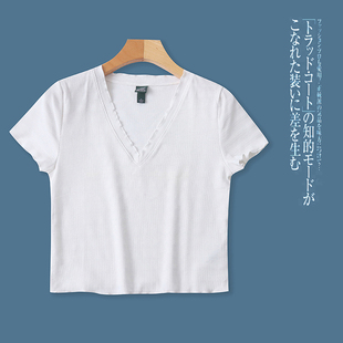 AA6391外贸欧美女士上衣春夏新款 百搭超薄款 针织短袖 V领弹力修身