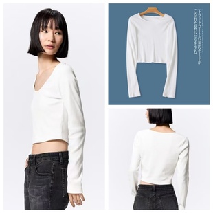 打底衫 2025秋季 新款 外贸日单女装 百搭短款 长袖 圆领修身 上衣 时尚