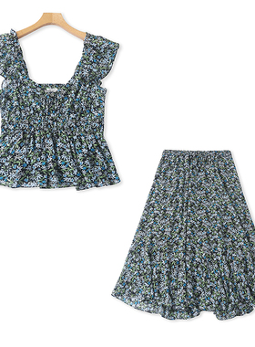 C1206外贸欧美单女生飞飞袖吊带雪纺衫新款松紧腰高腰超仙半身裙