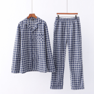 翻领格子拼色睡衣松紧腰睡裤 外贸男装 长袖 新款 家居服2022春季