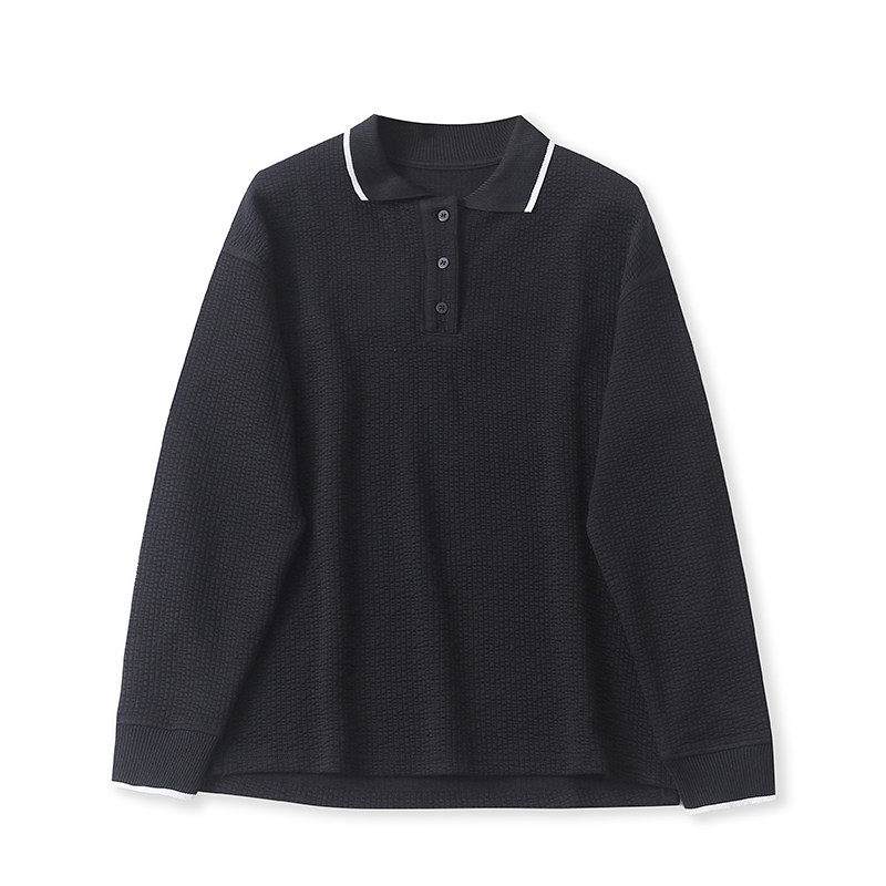 H4590外贸时尚女士长袖上衣秋季新款翻领拼色套头宽松百搭打底衫