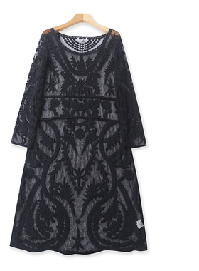 CC6391外贸欧美单蕾丝裙绣花圆领气质宽松长袖镂空网纱罩衫长裙女