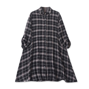 翻领拼色中长款 新款 衬衣 2026春季 E5297外贸欧美单女士格子衬衫