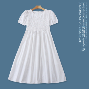 CC6542外贸女生连衣裙夏季新款圆领白色收腰打揽泡泡袖显瘦中长裙
